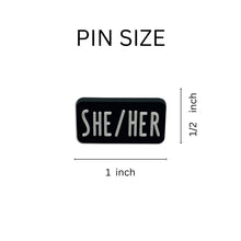 Load image into Gallery viewer, Bulk She Her Black Rectangle Silicone Pronoun Pins, LGBTQ Pronoun Pins  - The Awareness Company