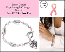 Load image into Gallery viewer, Breast Cancer Hope Courage Strength Pink Ribbon Bracelet w/Free Pin Offer