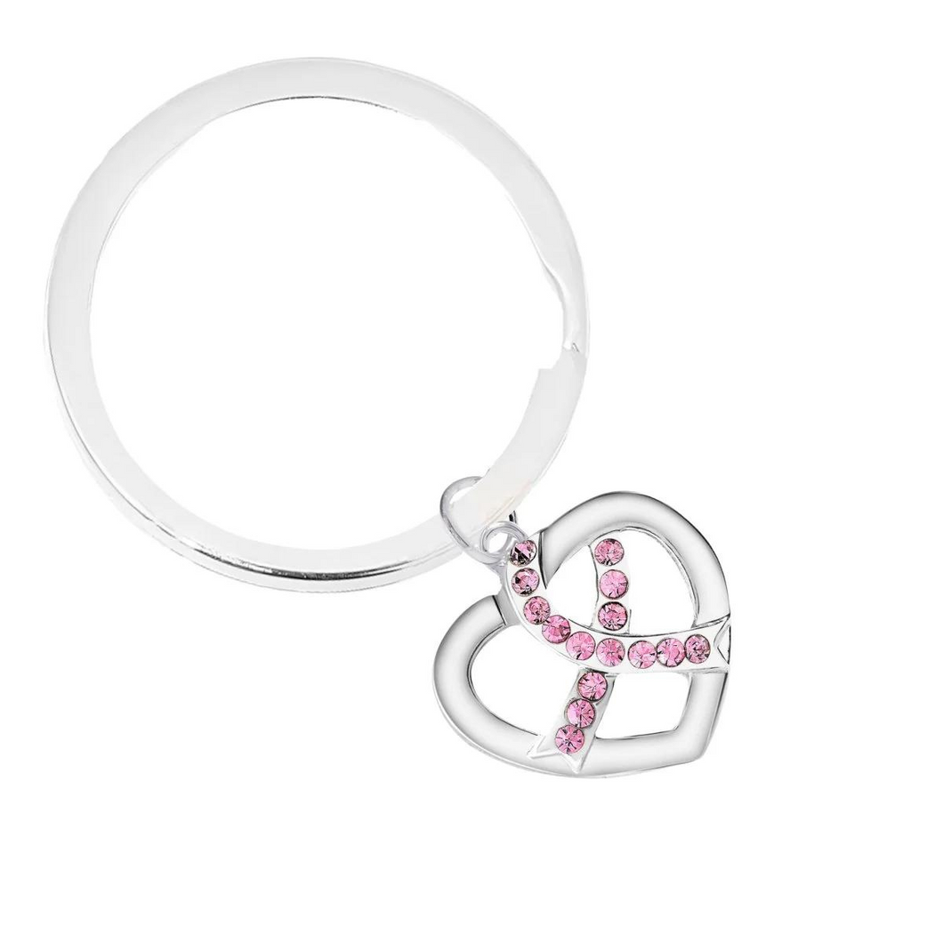 Bulk Silver Heart Crystal Pink Ribbon Split Style Keychains - The Awareness Company