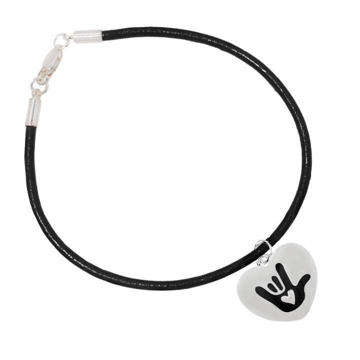 Deaf I Love You Sign Heart Charm Black Cord Bracelets