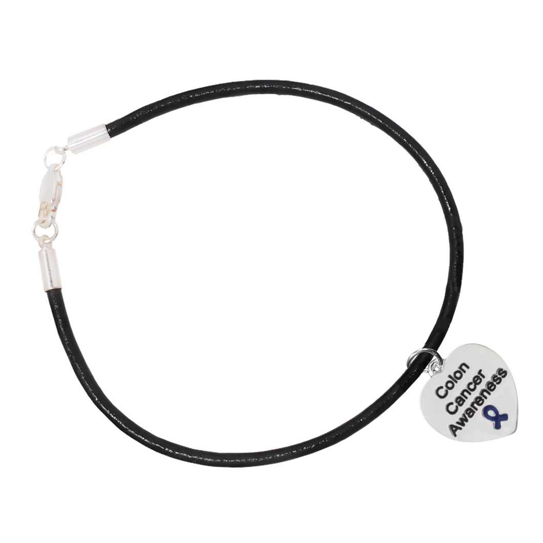 Colon Cancer Awareness Heart Charm Leather Cord Bracelets