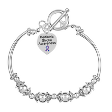 Load image into Gallery viewer, Pediatric Stroke Awareness Heart Charm Blue &amp; Purple Ribbon Partial Beaded Bracelets