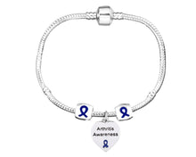 Load image into Gallery viewer, Bulk Arthritis Awareness Heart Charm Bracelets with Heart &amp; Barrel Charms - The Awareness Company