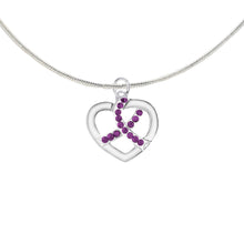 Load image into Gallery viewer, Bulk Crystal Purple Ribbon Silver Heart  Necklaces for Alzheimers, Domestic Violenece - The Awareness Company