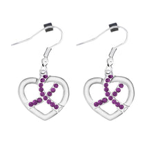 Load image into Gallery viewer, Bulk Crystal Purple Ribbon Heart Hanging Earrings - The Awareness Company