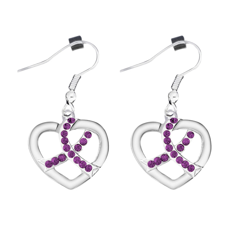 Bulk Crystal Purple Ribbon Heart Hanging Earrings - The Awareness Company