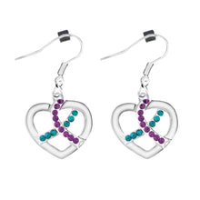 Load image into Gallery viewer, Teal &amp; Purple Ribbon Crystal Heart Hanging Earrings - The Awareness Company