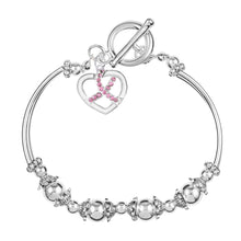 Load image into Gallery viewer, Crystal Pink Ribbon Heart Charm Silver Partial Beaded Bracelets