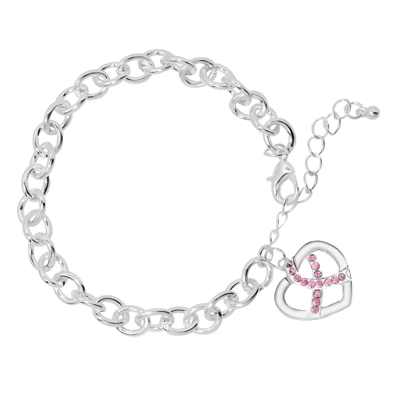 Crystal Pink Ribbon Heart Charm Silver Chunky Charm Bracelets