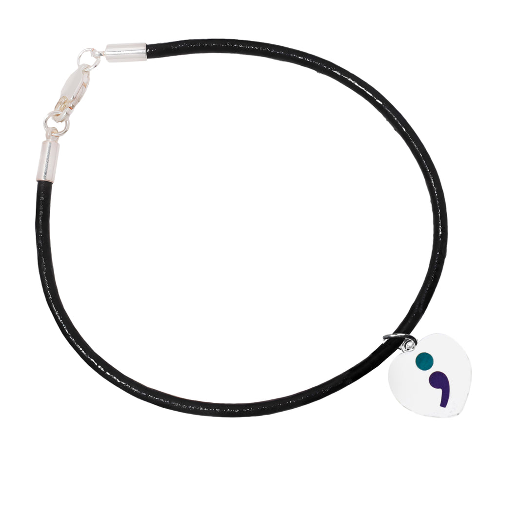 Semicolon Suicide Prevention Black Leather Cord Bracelets