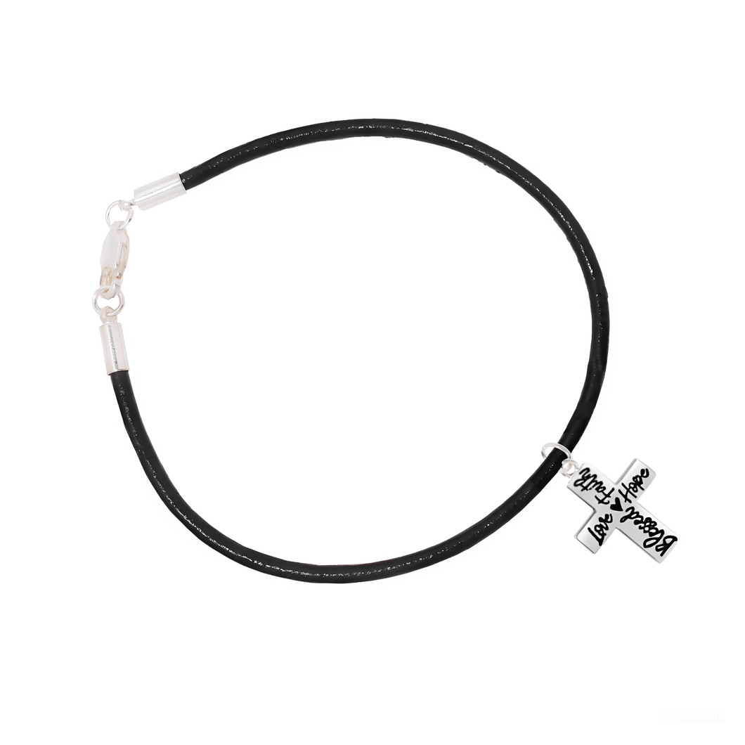 Blessed, Hope, Faith, and Love Cross Black Cord Leather Bracelet - The Awareness Company