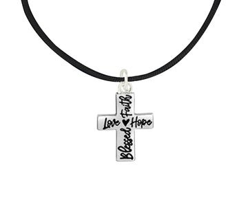 Blessed, Hope, Faith, and Love Cross Black Leather Cord Necklace - The Awareness Company