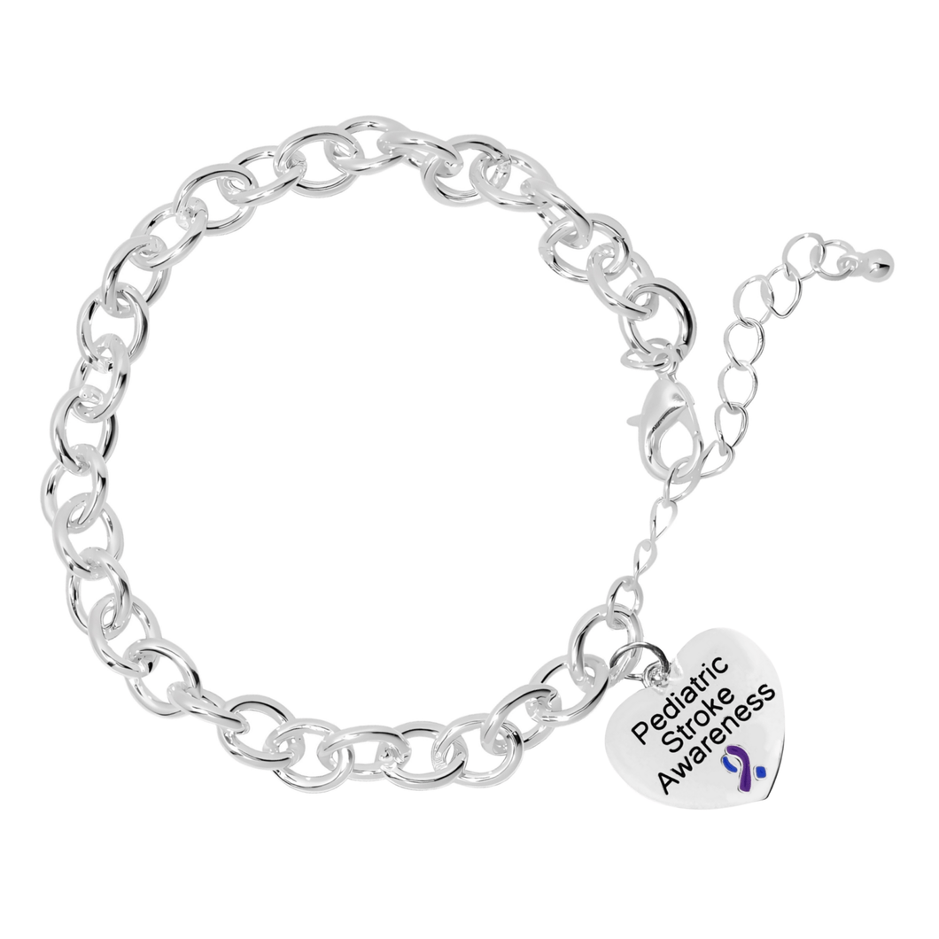 Blue & Purple Ribbon Heart Charm Pediatric Stroke Awareness Chunky Bracelets - The Awareness Company