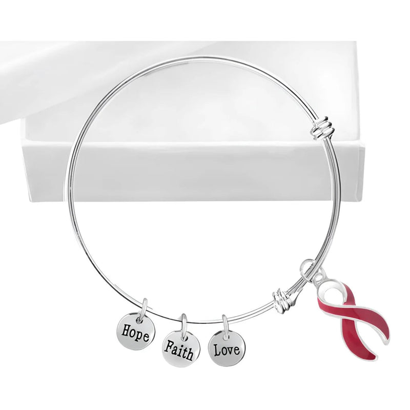 Burgundy Ribbon Awareness Retractable Bracelet – Hope, Faith, Love Charms - The Awareness Company