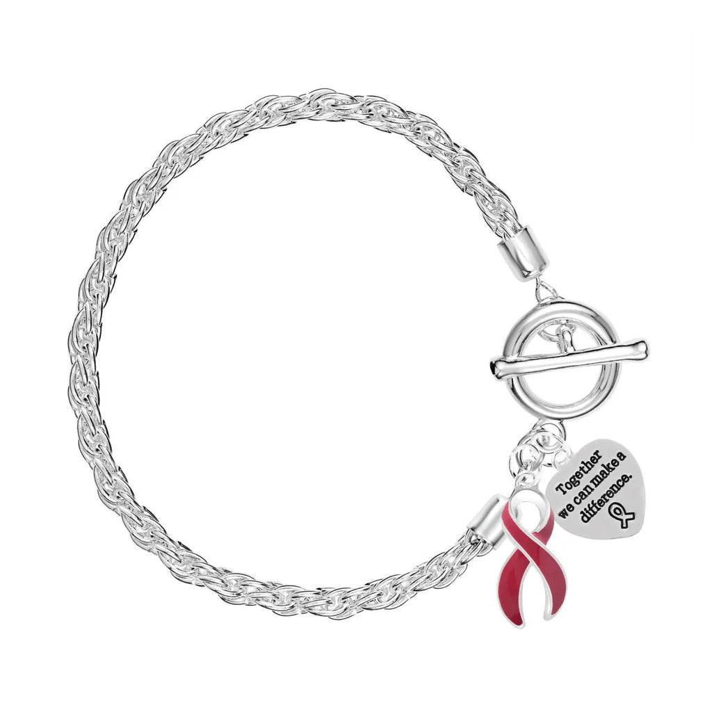 Burgundy Ribbon Awareness Rope Bracelet with Heart & Ribbon Charms - The Awareness Company