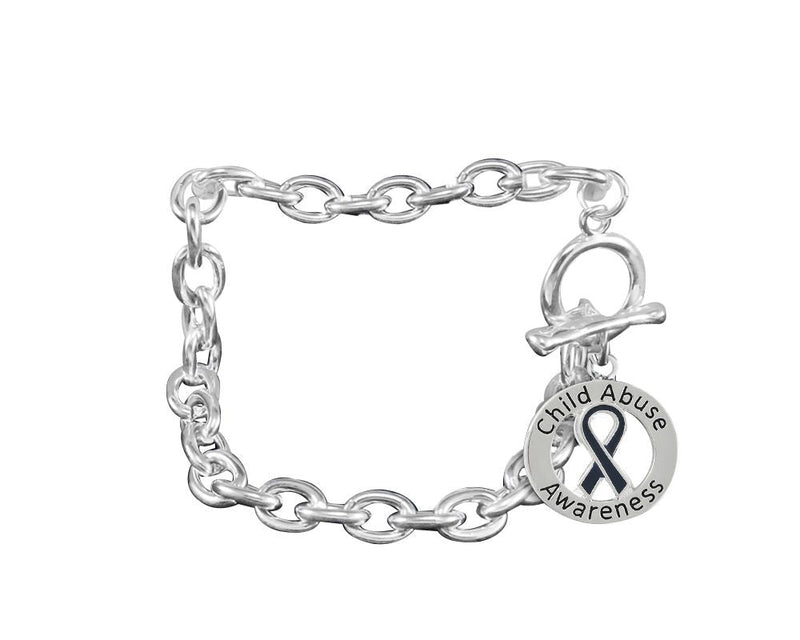 Bulk Dark Blue Ribbon Child Abuse Awareness Round Charm Chunky Bracelets - The Awareness Company