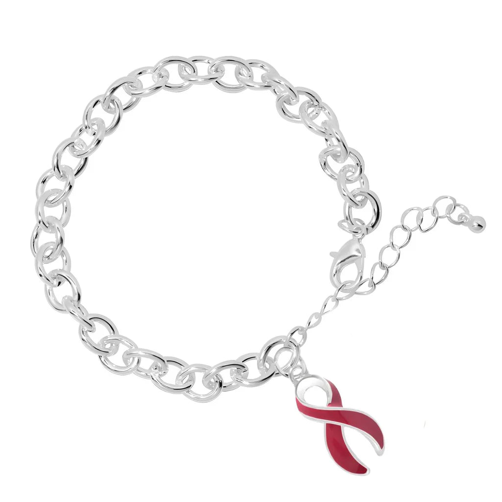 Chunky Silver Bracelet with Burgundy Ribbon Charm - The Awareness Company