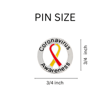 Load image into Gallery viewer, Circle Coronavirus Disease (COVID - 19) Red &amp; Yellow Ribbon Pins - The Awareness Company