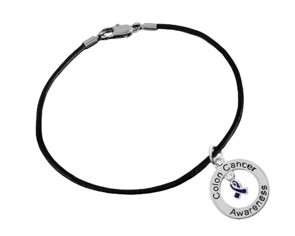 Bulk Round Colon Cancer Awareness Black Leather Cord Bracelets - The Awareness Company