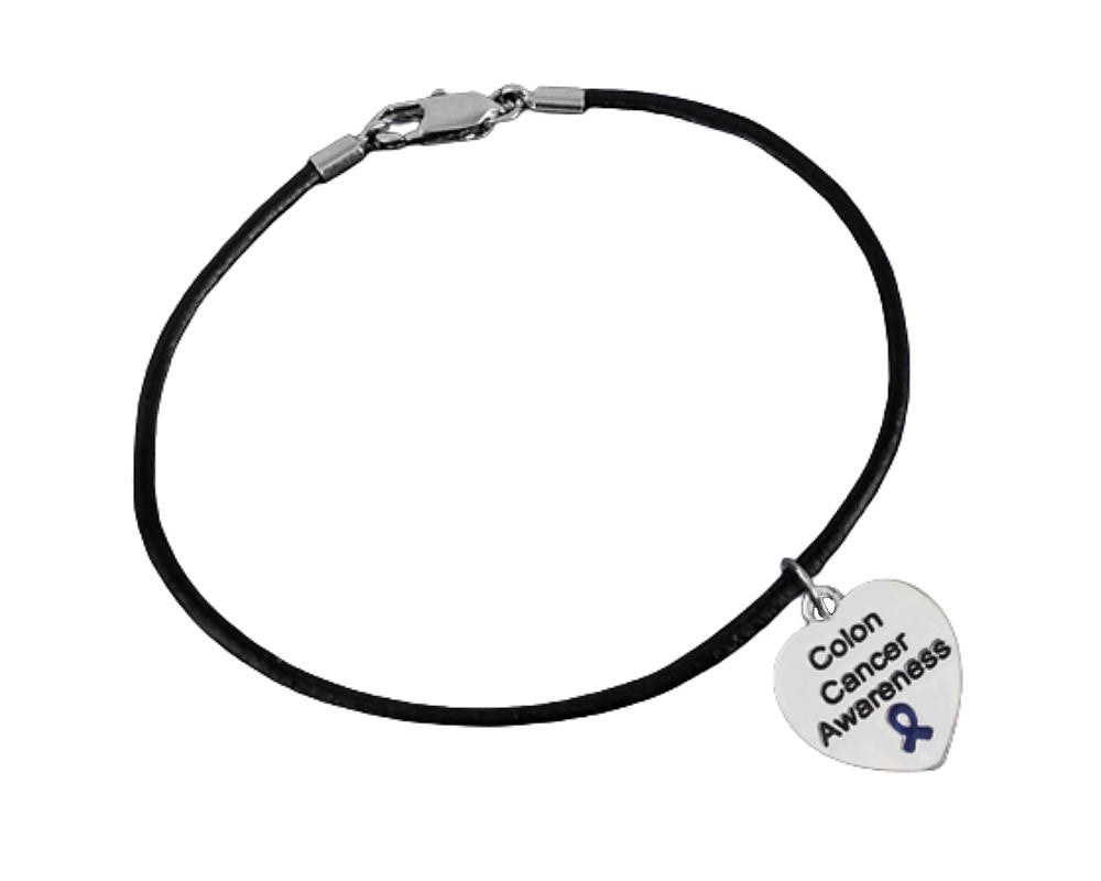 Bulk Colon Cancer Awareness Heart Charm Leather Cord Bracelets - The Awareness Company