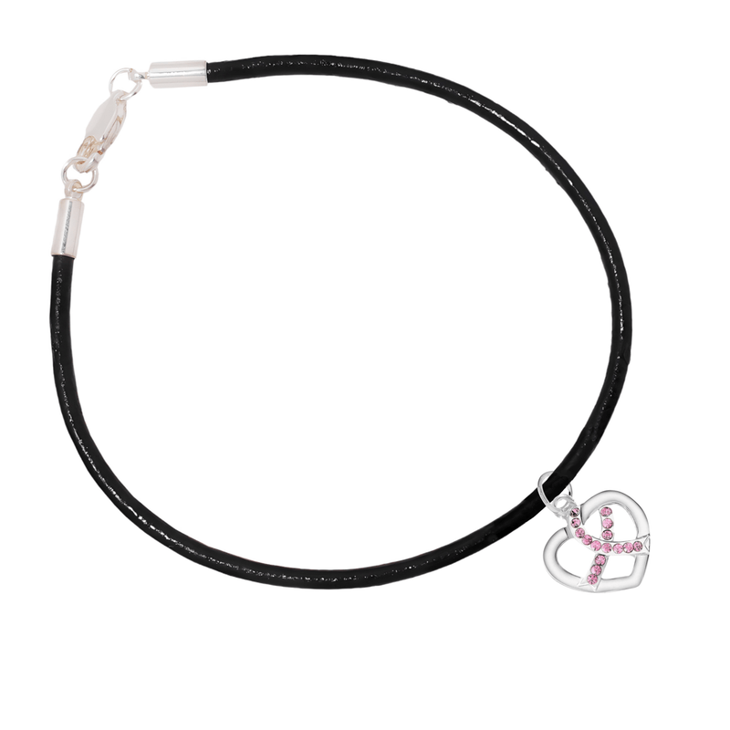 Crystal Pink Ribbon Heart Charm Leather Cord Bracelets - The Awareness Company