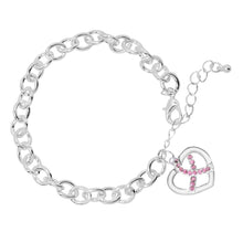 Load image into Gallery viewer, Crystal Pink Ribbon Heart Charm Silver Chunky Charm Bracelets - The Awareness Company