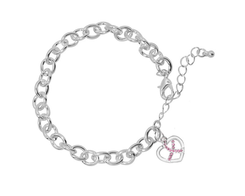 Crystal Pink Ribbon Heart Charm Silver Chunky Charm Bracelets - The Awareness Company