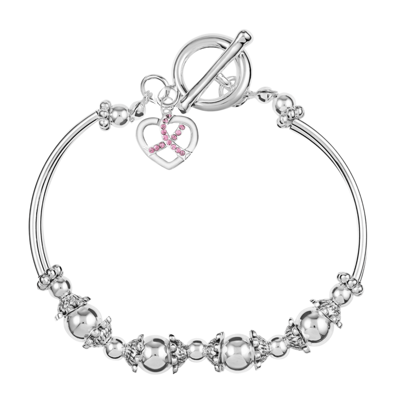 Crystal Pink Ribbon Heart Charm Silver Partial Beaded Bracelets - The Awareness Company