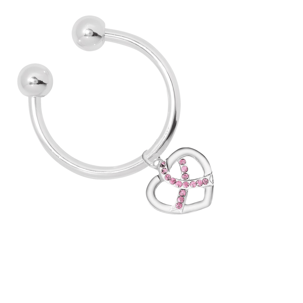 Crystal Pink Ribbon Silver Heart Keychains - The Awareness Company