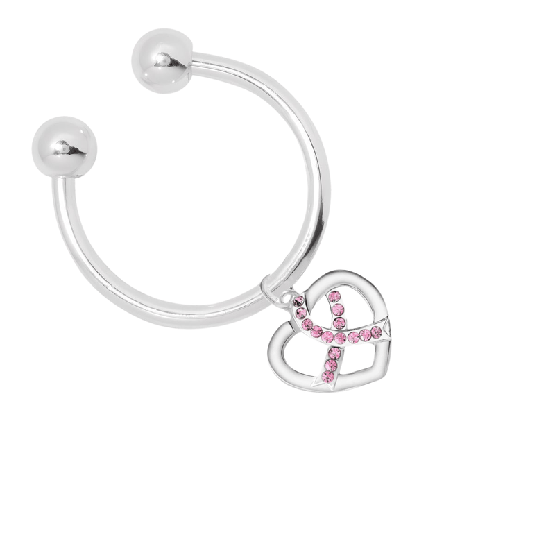 Crystal Pink Ribbon Silver Heart Keychains - The Awareness Company
