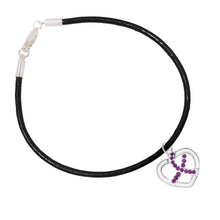 Load image into Gallery viewer, Crystal Purple Ribbon Heart Charm Leather Cord Bracelets - The Awareness Company
