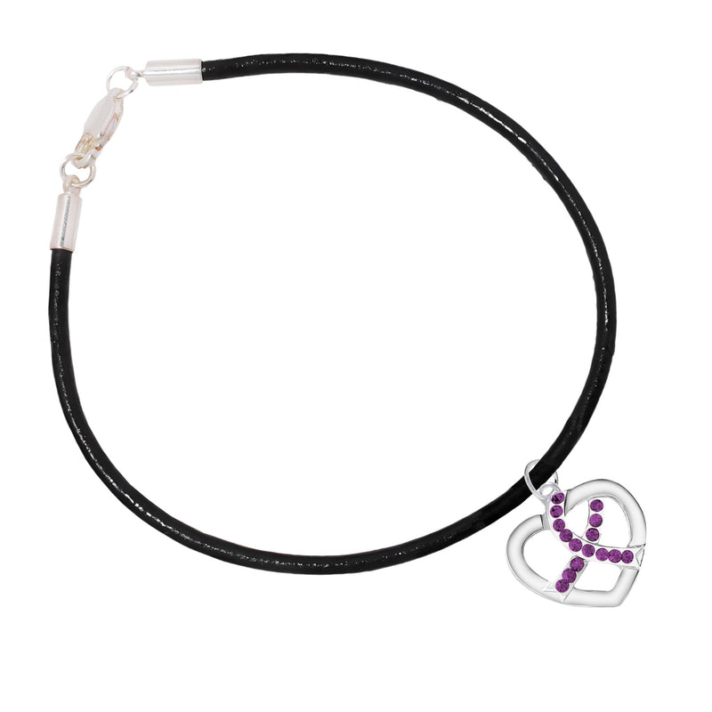Crystal Purple Ribbon Heart Charm Leather Cord Bracelets - The Awareness Company