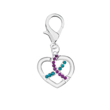Load image into Gallery viewer, Crystal Teal &amp; Purple Ribbon Silver Heart Hanging Charms - The Awareness Company