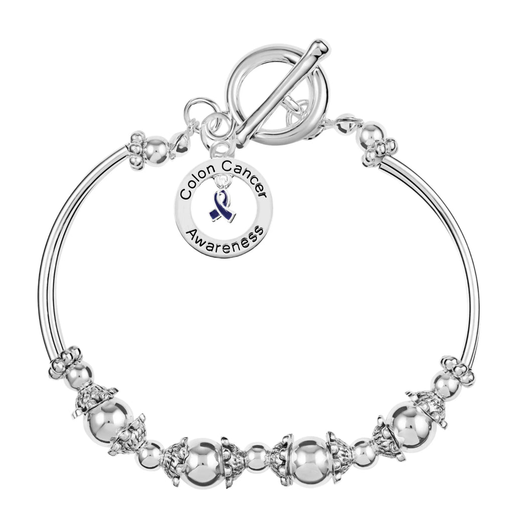 Dark Blue Ribbon Colon Cancer Circle Charm Partial Beaded Bracelet - The Awareness Company