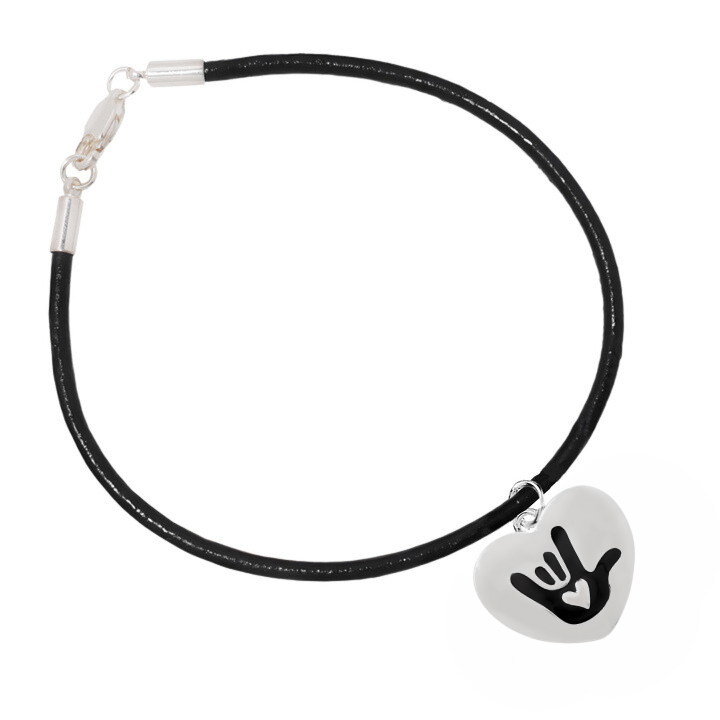 Deaf I Love You Sign Heart Charm Black Cord Bracelets - The Awareness Company