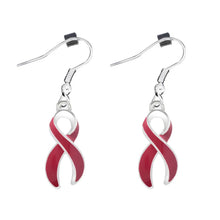 Load image into Gallery viewer, Hanging Burgundy Ribbon Awareness Earrings - The Awareness Company