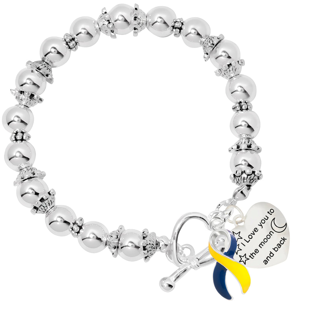 Love You To The Moon Blue & Yellow Ribbon Silver Beaded Bracelets - The Awareness Company