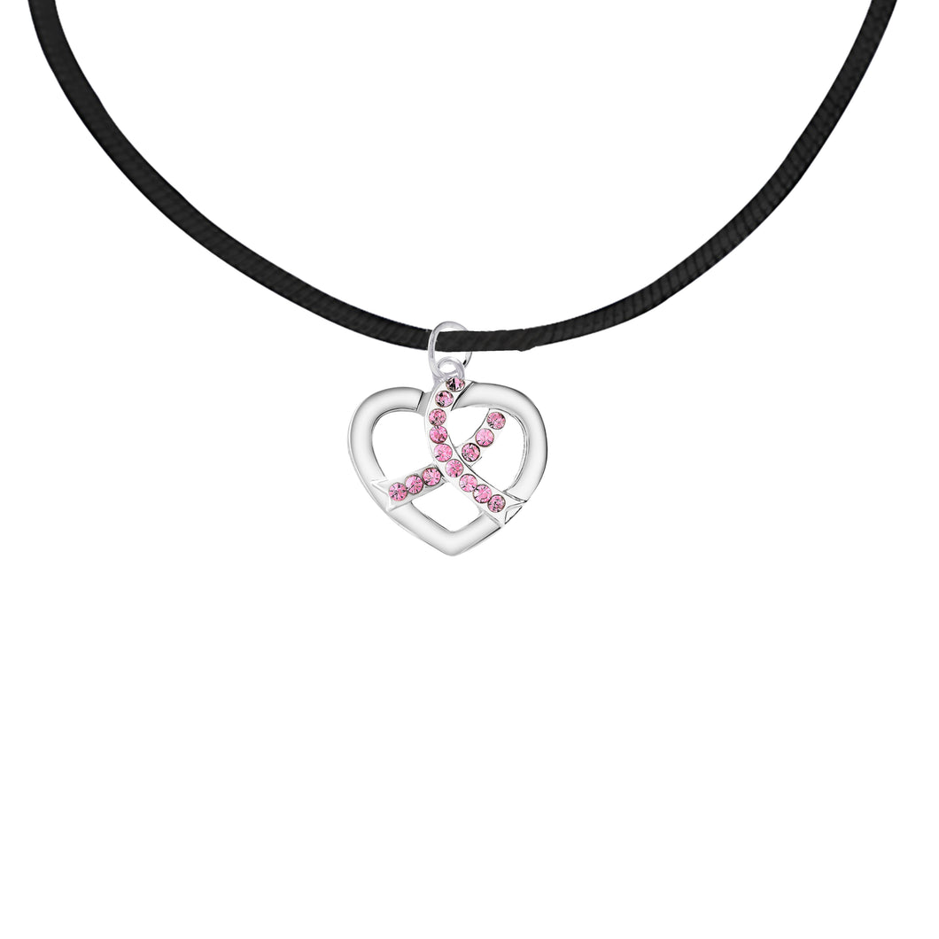 Crystal Heart Pink Ribbon Leather Cord Necklaces - The Awareness Company