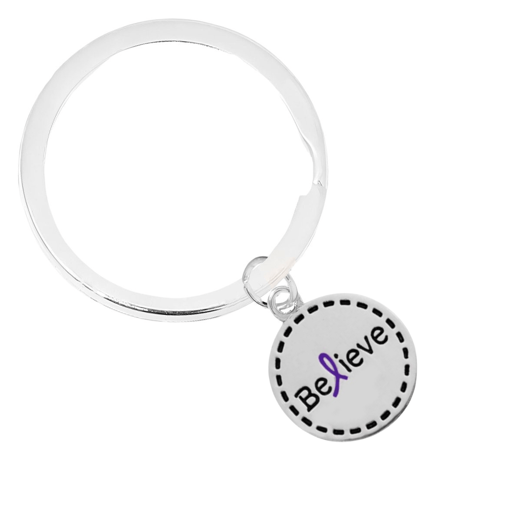 Purple Ribbon Round Believe Split Style Keychains - The Awareness Company