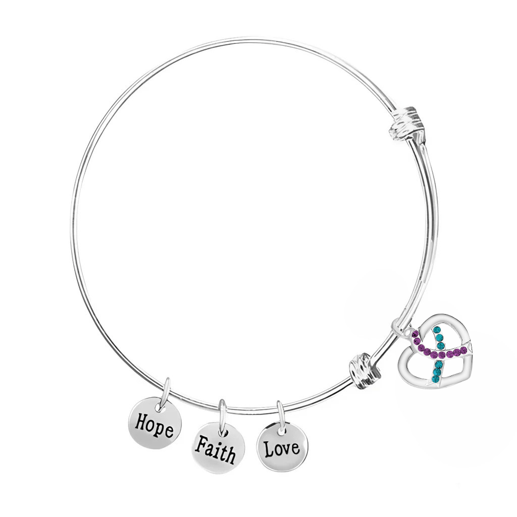 Teal & Purple Crystal Ribbon Retractable Charm Bracelets - The Awareness Company
