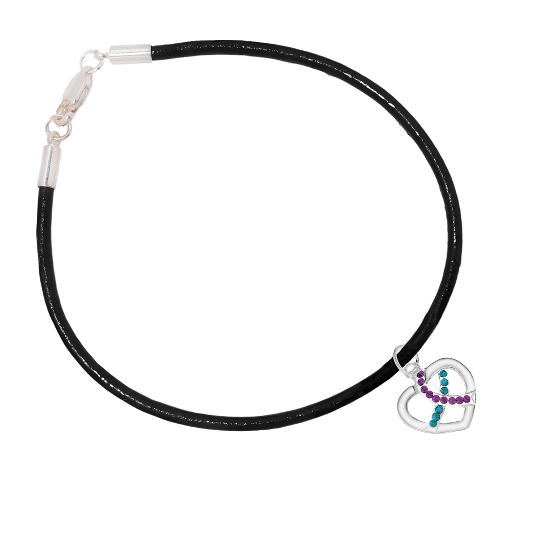 Teal & Purple Ribbon Crystal Heart Leather Cord Bracelets - The Awareness Company