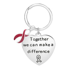 Load image into Gallery viewer, “Together We Can Make a Difference” Heart Key Chain – Burgundy Ribbon Charm - The Awareness Company
