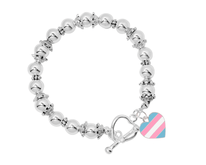 Transgender Heart Flag Silver Beaded Bracelets - The Awareness Company