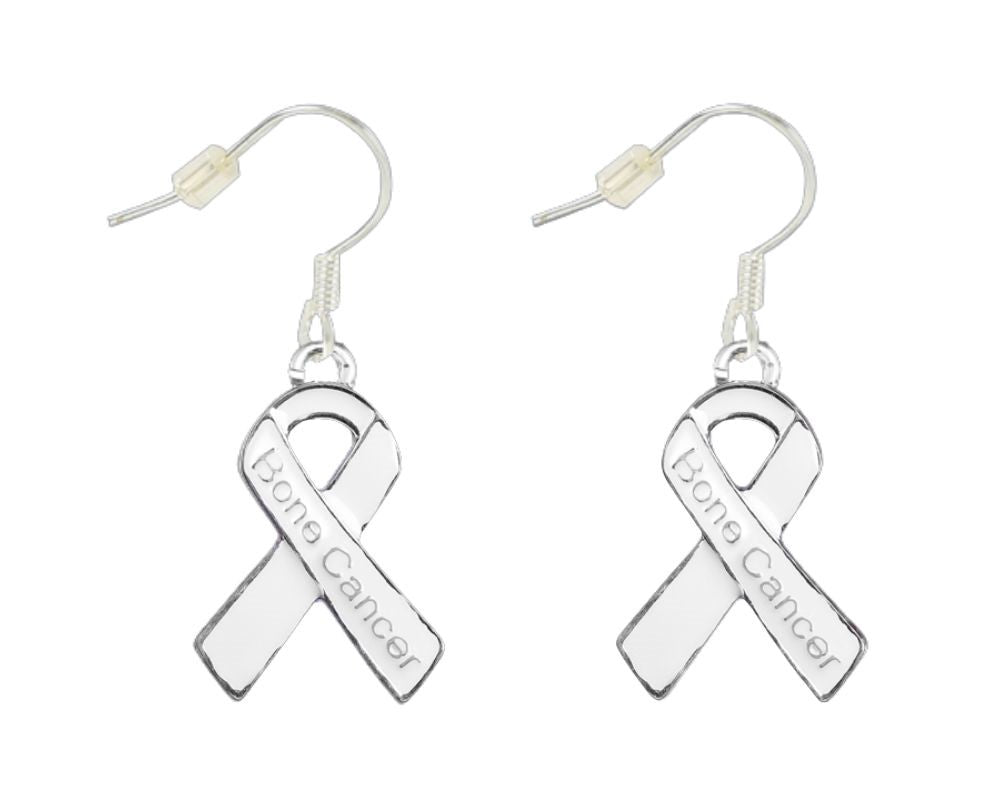 White Ribbon Bone Cancer Hanging Charm Earrings - The Awareness Company