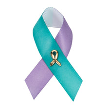 Load image into Gallery viewer, Bulk Satin Teal and Purple Ribbon Pins for Suicide, Sexual Assault - The Awareness Company
