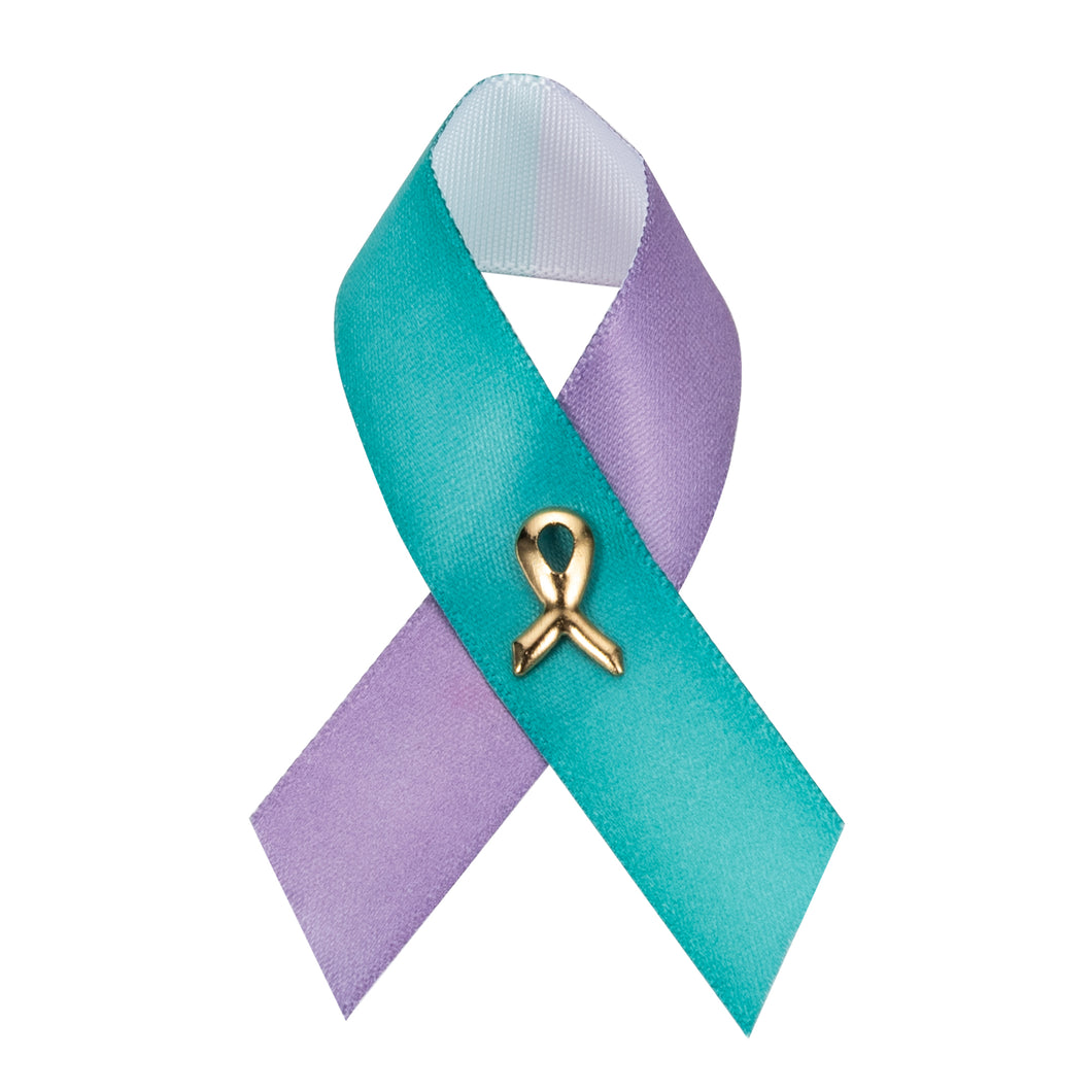 Bulk Satin Teal and Purple Ribbon Pins for Suicide, Sexual Assault - The Awareness Company
