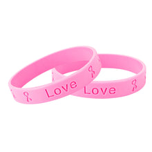 Load image into Gallery viewer, Pink Silicone Bracelets for Kids, Breast Cancer Wristbands in Bulk - The Awareness Company