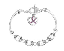 Load image into Gallery viewer, Crystal Pink Ribbon Heart Charm Silver Partial Beaded Bracelets for Breast Cancer - The Awareness Company