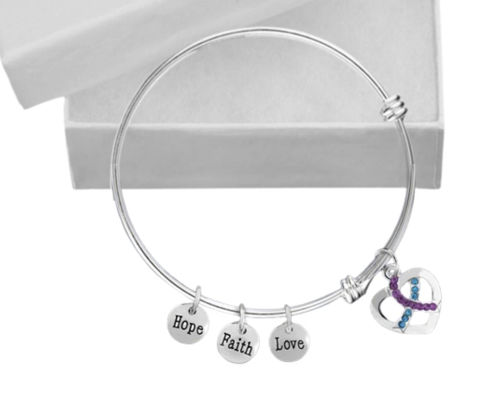 Teal & Purple Crystal Ribbon Retractable Charm Bracelets Bulk - The Awareness Company