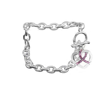 Load image into Gallery viewer, Crystal Pink Ribbon Heart Charm Silver Chunky Charm Bracelets, Bulk Pink Ribbon - The Awareness Company